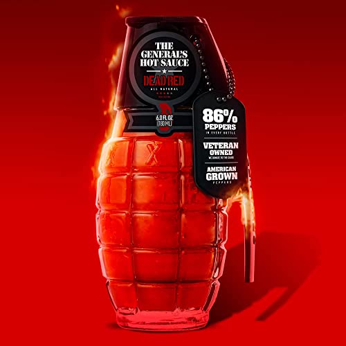 The General’s Hot Sauce Triple Threat - American Grown, Veteran Owned | 3 pack | 6 fl. Oz. bottles | All natural, gourmet hot sauce gift set in glass grenade bottles with metal dog tag. Made in USA with aged American grown peppers. Dead Red | Grunt Green | Shock & Awe