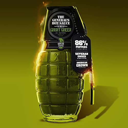 The General’s Hot Sauce Triple Threat - American Grown, Veteran Owned | 3 pack | 6 fl. Oz. bottles | All natural, gourmet hot sauce gift set in glass grenade bottles with metal dog tag. Made in USA with aged American grown peppers. Dead Red | Grunt Green | Shock & Awe