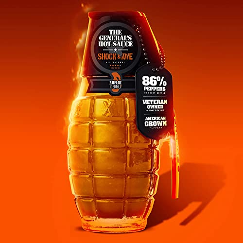 The General’s Hot Sauce Triple Threat - American Grown, Veteran Owned | 3 pack | 6 fl. Oz. bottles | All natural, gourmet hot sauce gift set in glass grenade bottles with metal dog tag. Made in USA with aged American grown peppers. Dead Red | Grunt Green | Shock & Awe