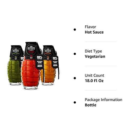 The General’s Hot Sauce Triple Threat - American Grown, Veteran Owned | 3 pack | 6 fl. Oz. bottles | All natural, gourmet hot sauce gift set in glass grenade bottles with metal dog tag. Made in USA with aged American grown peppers. Dead Red | Grunt Green | Shock & Awe