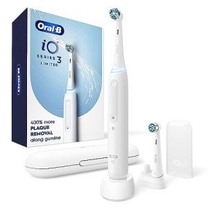 Oral-B iO Deep Clean Rechargeable Electric Powered Toothbrush, White with iO Series 3 Limited, 2 Brush Heads and Travel Case - Pressure Sensor to Protect Gums - 3 Cleaning Settings - 2 Minute Timer
