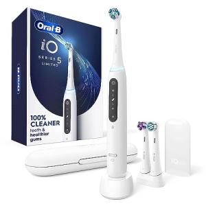 Oral-B iO Deep Clean   Whiten Rechargeable Electric Toothbrush with Visible Pressure Sensor, 2 Minute Timer, 5 Cleaning Settings, 1 iO5 Limited, 3 Toothbrush Heads, Travel Case & Refill Holder, White