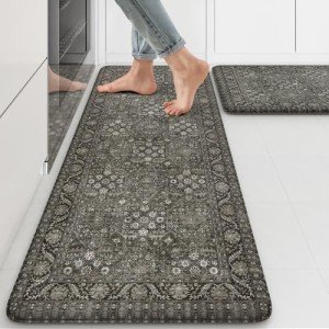 KIMODE Anti Fatigue Kitchen Mat 2PCS,Waterproof Farmhouse Green Kitchen Rugs Non-Slip,Vintage Kitchen Mats for Floor,Cushioned Comfort Standing Mat for Laundry,Office,Sink,Desk,17"x47"+17"x29"