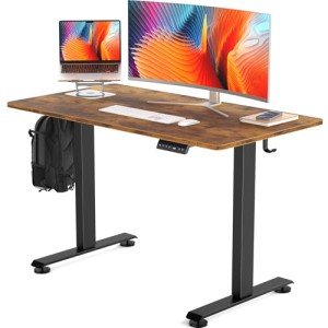 Veken 48 Inch Electric Standing Desk, Height Adjustable Sit Stand Up, Wood Desktop, Work Home Office Computer PC Table, Tall Standup Workstation, Gaming Writing Study Bedroom Rising Desks, Brown
