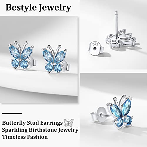 Aquamarine Butterfly Silver Stud Earrings 10.4mm