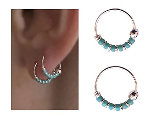 Tiny Turquoise Beaded Sterling Silver Helix Hoops