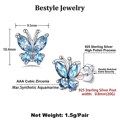 Aquamarine Butterfly Silver Stud Earrings 10.4mm