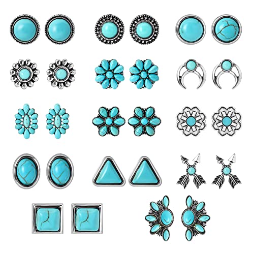 14 Pairs Turquoise Stud Earrings for Women