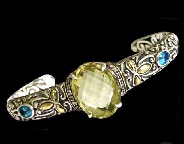 Sterling Silver Lemon Citrine & Blue Topaz Cuff Bracelet