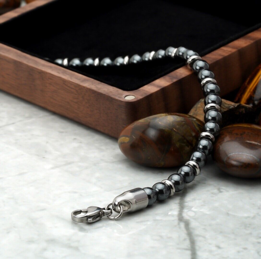 Hematite Bead Bracelet in Elegant Walnut Box