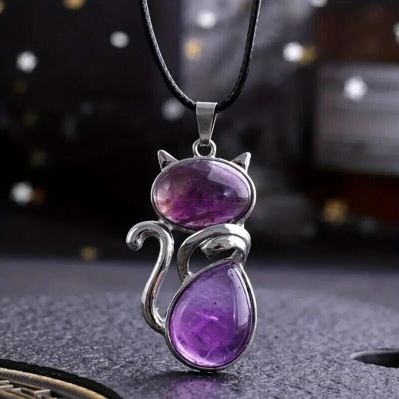 Amethyst Crystal Cat Pendant Necklace - Healing Gift