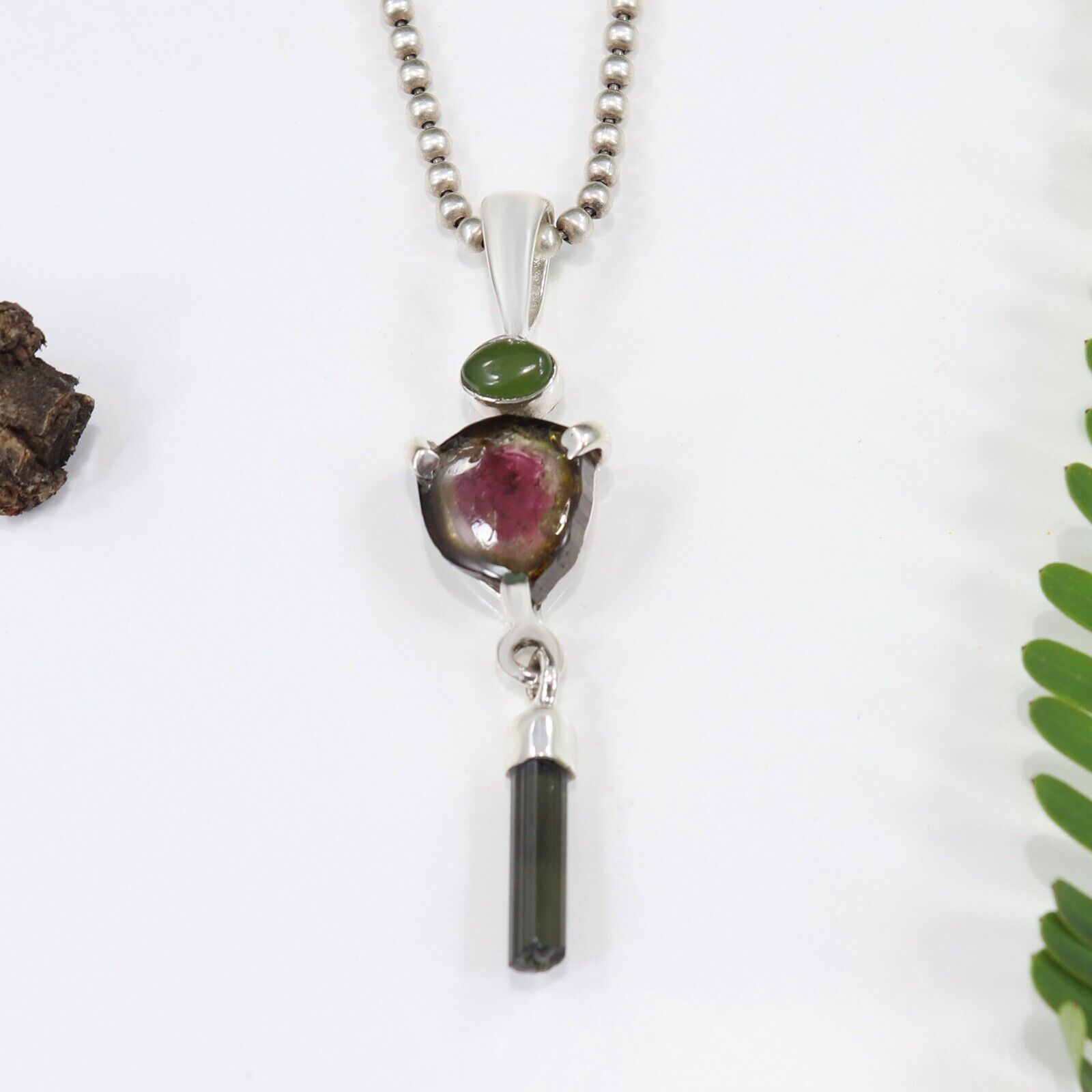 Handmade Watermelon Tourmaline Pendant Necklace in Silver