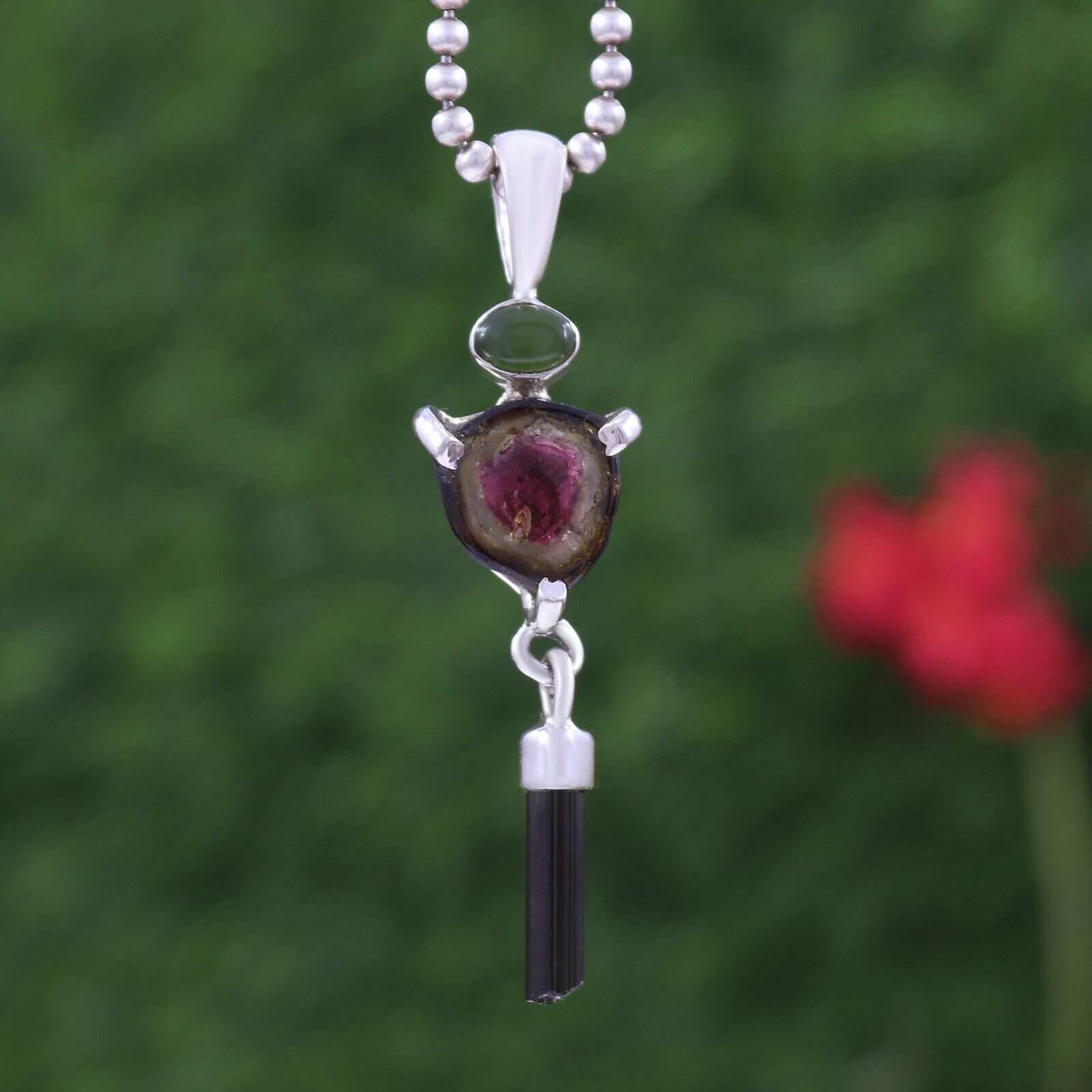 Handmade Watermelon Tourmaline Pendant Necklace in Silver