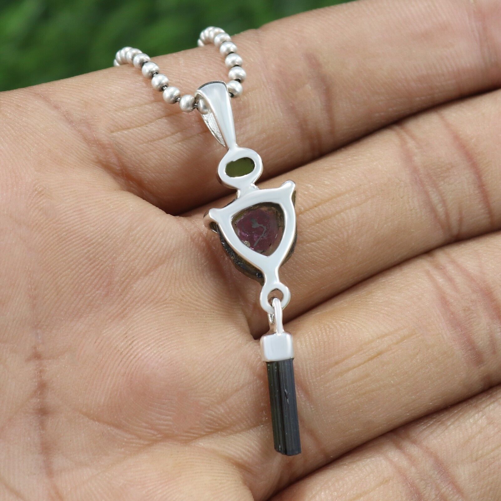 Handmade Watermelon Tourmaline Pendant Necklace in Silver
