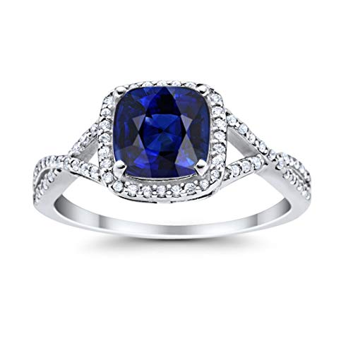 Cushion Blue Sapphire Halo Engagement Ring in Silver