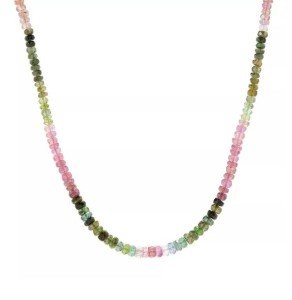 Watermelon Tourmaline Beaded Necklace 16” in Silver