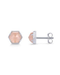 Rhodium Plated Rose Quartz Hexagon Stud Earrings