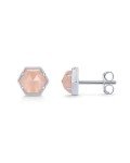 Rhodium Plated Rose Quartz Hexagon Stud Earrings