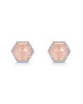Rhodium Plated Rose Quartz Hexagon Stud Earrings