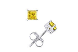 14K White Gold Princess Cut Yellow Diamond Studs