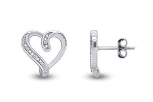 White Gold Over Silver Diamond Heart Earrings