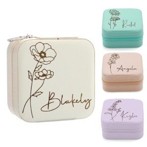 Personalized Leather Jewelry Box with Birth Flower