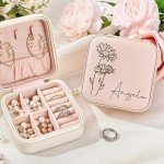 Personalized Leather Jewelry Box with Birth Flower