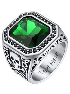 Men's Custom Onyx Green Stone Skull Ring