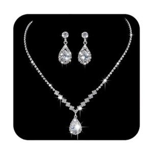 Silver Rhinestone Necklace and Earrings Jewelry Set