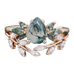 Rose Gold 2CT Natural Moss Agate Engagement Ring Set