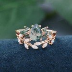 Rose Gold 2CT Natural Moss Agate Engagement Ring Set