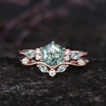 Rose Gold Moss Agate Engagement Ring Set for Women