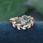 Rose Gold 2CT Natural Moss Agate Engagement Ring Set