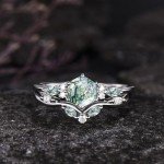 Rose Gold Moss Agate Engagement Ring Set for Women