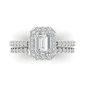 Emerald Cut Zircon Halo Engagement Ring Set