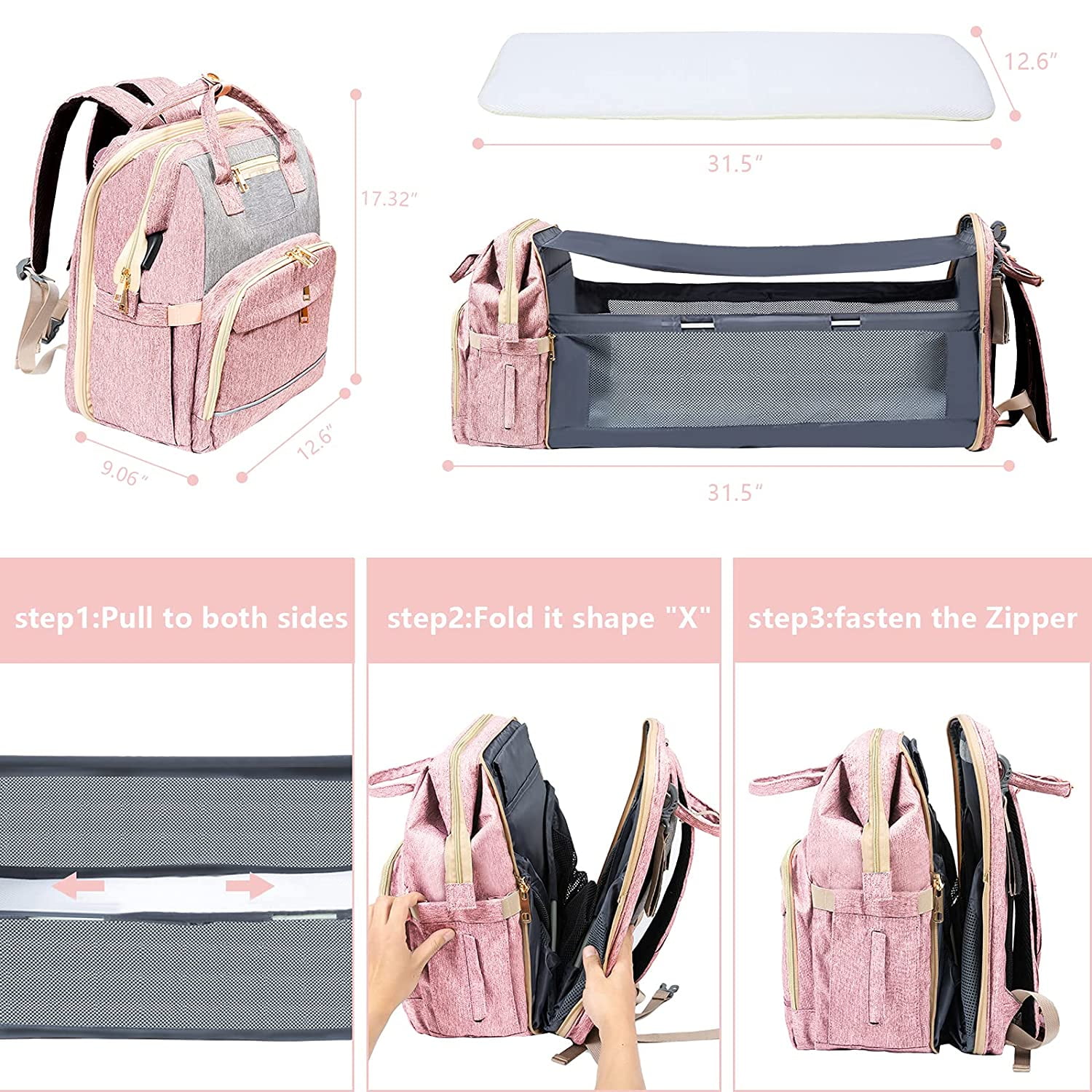 Pink Diaper Bag Backpack with Changing Station
