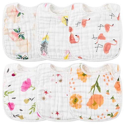 6-Pack Adjustable Muslin Baby Bibs - Flamingo Design