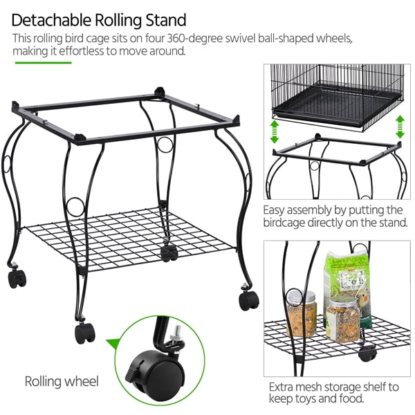Black rolling bird cage with feeders and perches