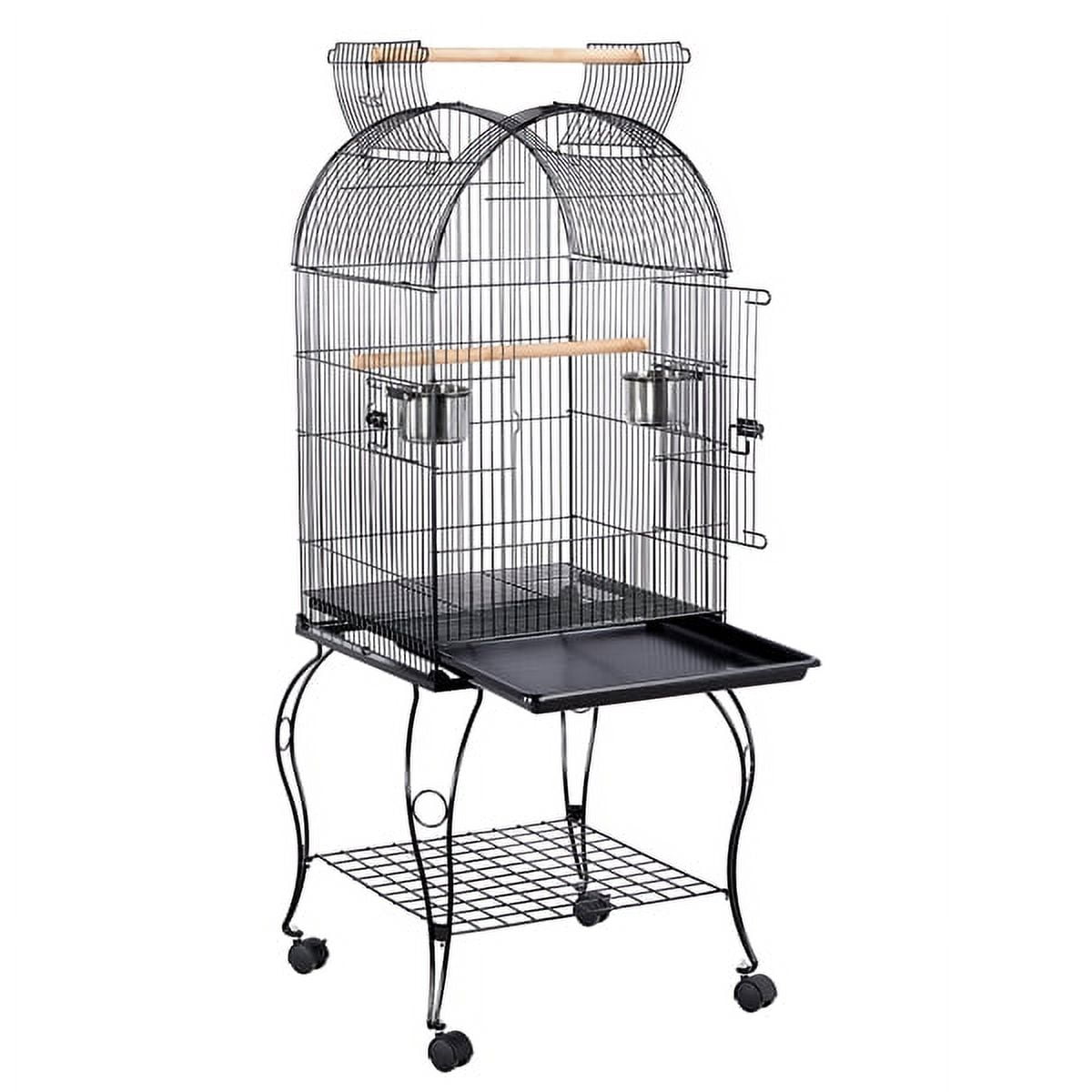 Black rolling bird cage with feeders and perches