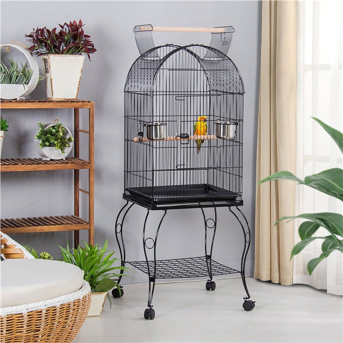 Black rolling bird cage with feeders and perches