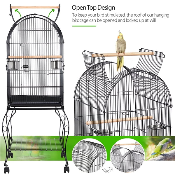 Black rolling bird cage with feeders and perches