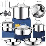 HOMICHEF 14-Piece Stainless Steel Cookware Set with Steamer Insert