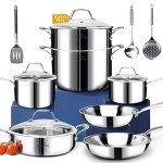 HOMICHEF 14-Piece Stainless Steel Cookware Set with Steamer Insert