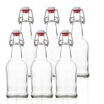 SureSave Beer Bottles with Easy Swing Cap | 16 Oz Clear Glass Bottle Set with Airtight Lid for Kombucha, Carbonated Drinks, Brewing, and Fermenting (6 Pack)