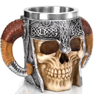 Tlence Stainless Steel Skull Mug, 18 OZ Halloween Viking Drinking Cup, Large Skeleton Resin Beer Stein Tankard with Double Handles, Bar Drinkware Medieval Decoration for Coffee, Tea, Novelty Gifts