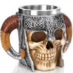 Tlence Stainless Steel Skull Mug, 18 OZ Halloween Viking Drinking Cup, Large Skeleton Resin Beer Stein Tankard with Double Handles, Bar Drinkware Medieval Decoration for Coffee, Tea, Novelty Gifts