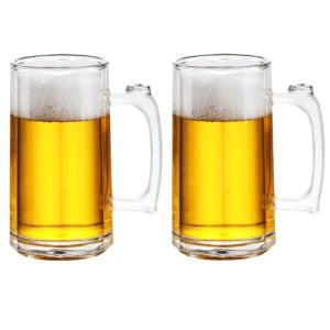 Komost 13oz Reusable Plastic Beer Mugs with Handle Set of 2, Clear Beer Stein Drinking Glasses Cups for Party Bar Home Hotel, Perfect for Whiskey Juice Cocktail Beverages