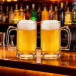 Komost 13oz Reusable Plastic Beer Mugs with Handle Set of 2, Clear Beer Stein Drinking Glasses Cups for Party Bar Home Hotel, Perfect for Whiskey Juice Cocktail Beverages