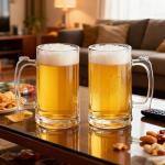 Komost 13oz Reusable Plastic Beer Mugs with Handle Set of 2, Clear Beer Stein Drinking Glasses Cups for Party Bar Home Hotel, Perfect for Whiskey Juice Cocktail Beverages