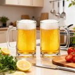 Komost 13oz Reusable Plastic Beer Mugs with Handle Set of 2, Clear Beer Stein Drinking Glasses Cups for Party Bar Home Hotel, Perfect for Whiskey Juice Cocktail Beverages